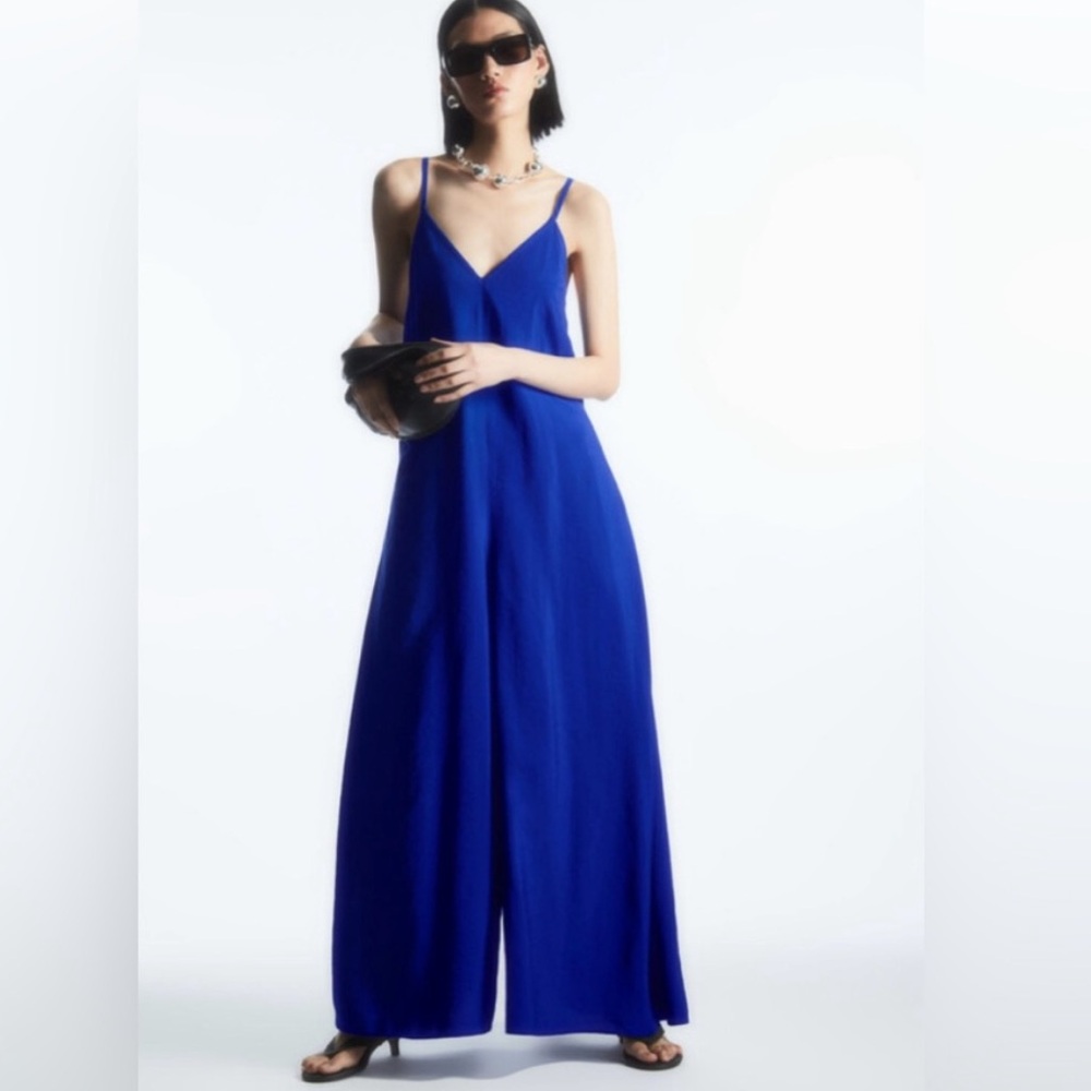 COS V Neck Wide Leg Jumpsuit Womens Size Large Blue - Picture 10 of 11